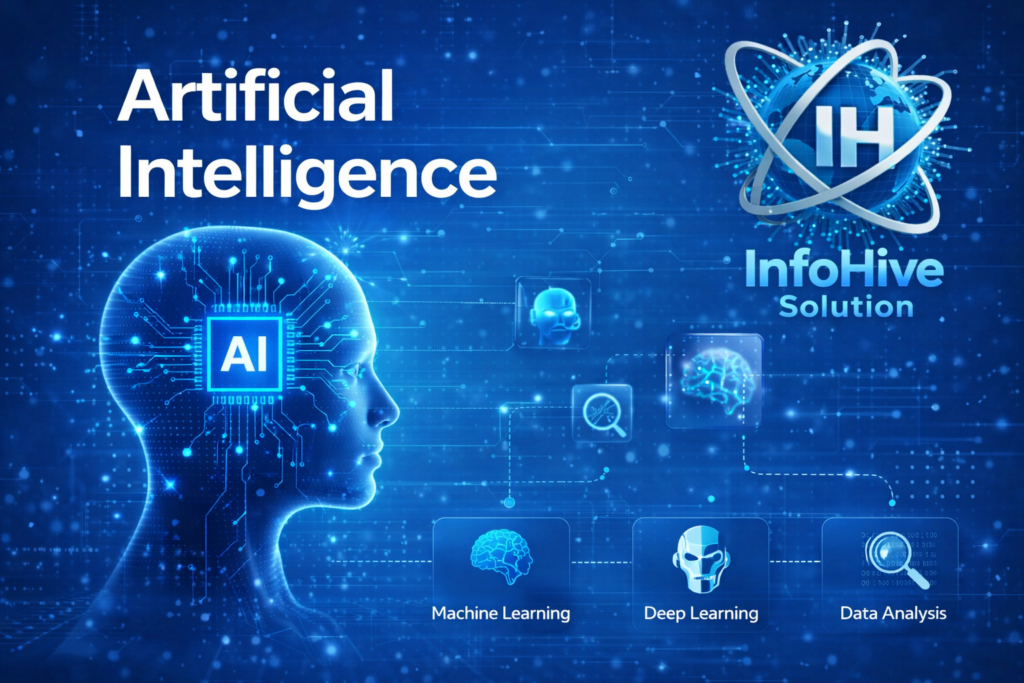 artificial intelligence services banner showing AI brain machine learning deep learning and data analysis by InfoHive Solution