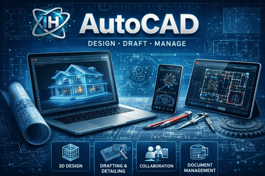 AutoCAD design services banner showing 3D modeling drafting detailing collaboration and document management with architectural plans