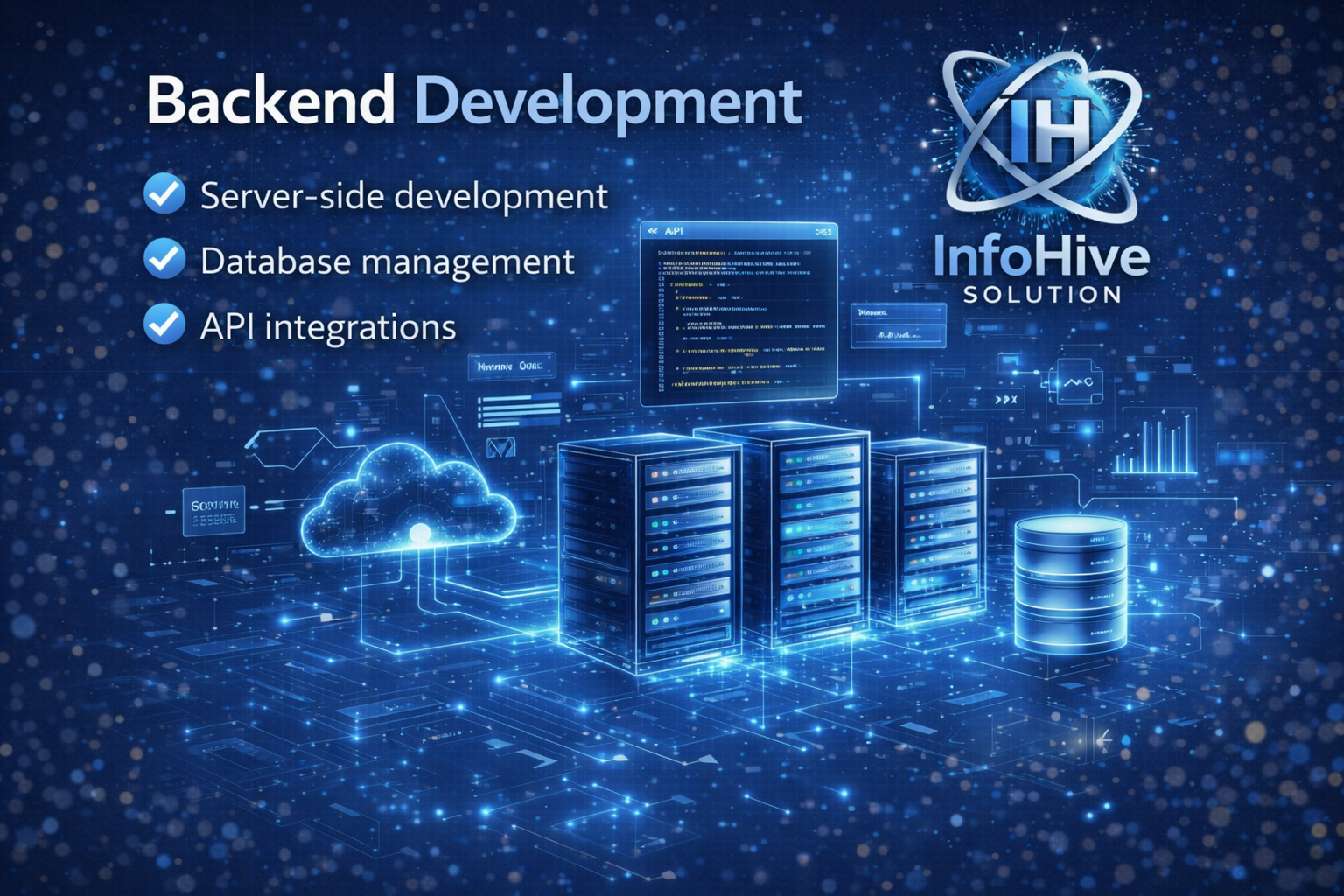 Backend development illustration showing server-side systems, database management, cloud infrastructure, and API integrations