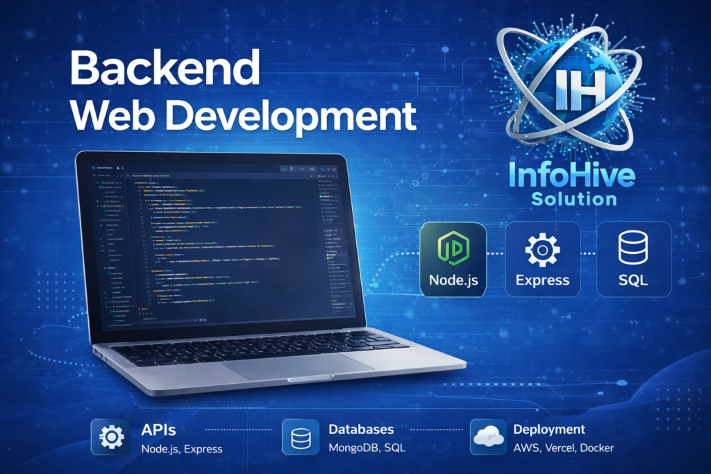 backend web development services banner showing Node.js Express and SQL technologies with coding interface by InfoHive Solution
