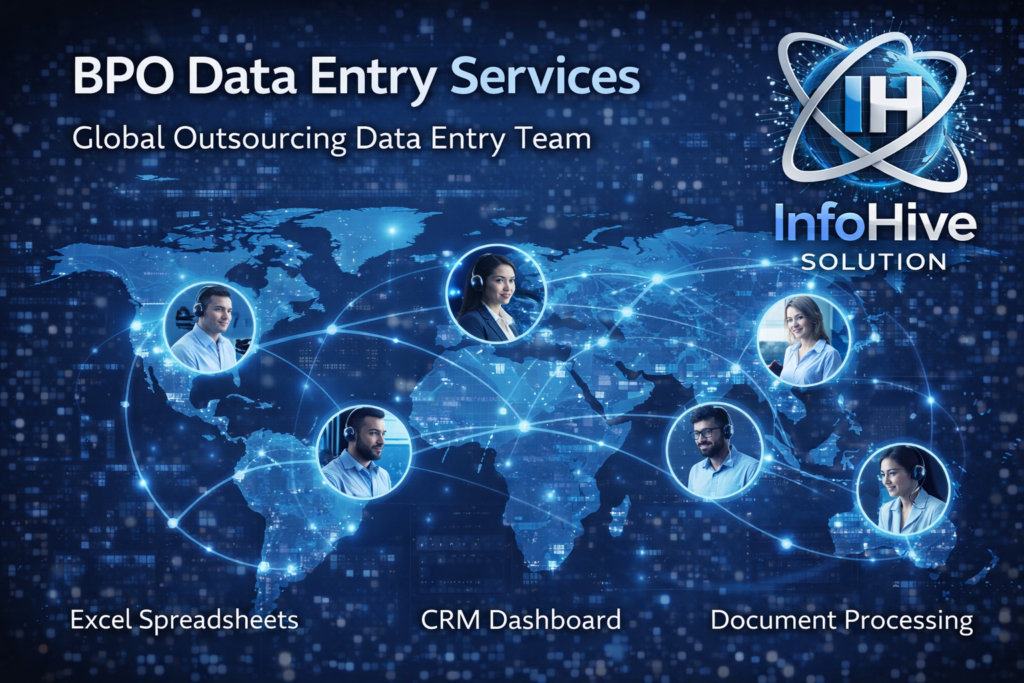 BPO data entry services with global outsourcing team handling Excel spreadsheets, CRM dashboards, and document processing