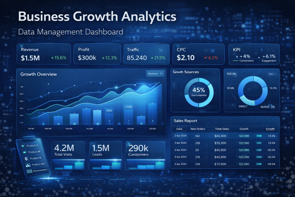 Business growth analytics dashboard showing revenue, profit, traffic, KPI, and performance metrics
