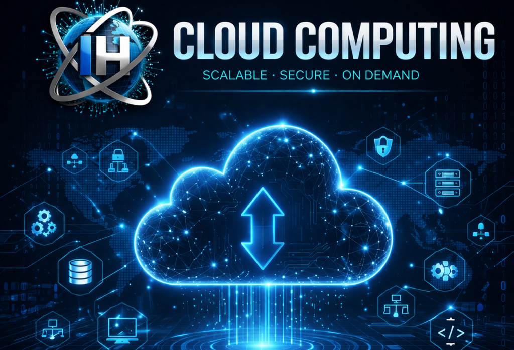 cloud computing services banner showing cloud migration infrastructure as a service devops automation and cloud monitoring with secure network