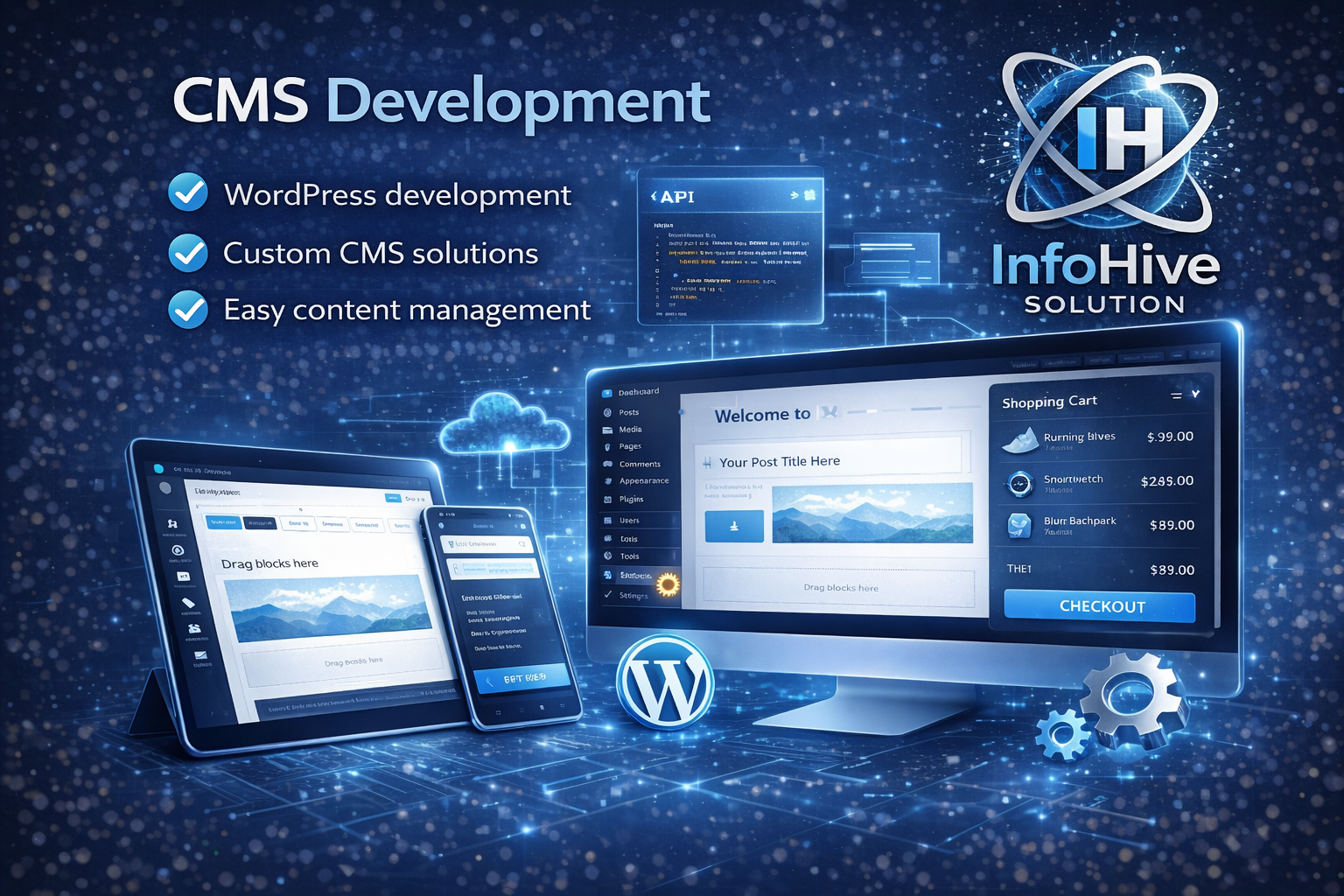 CMS development illustration showing WordPress website, custom CMS solutions, and content management across desktop and mobile devices