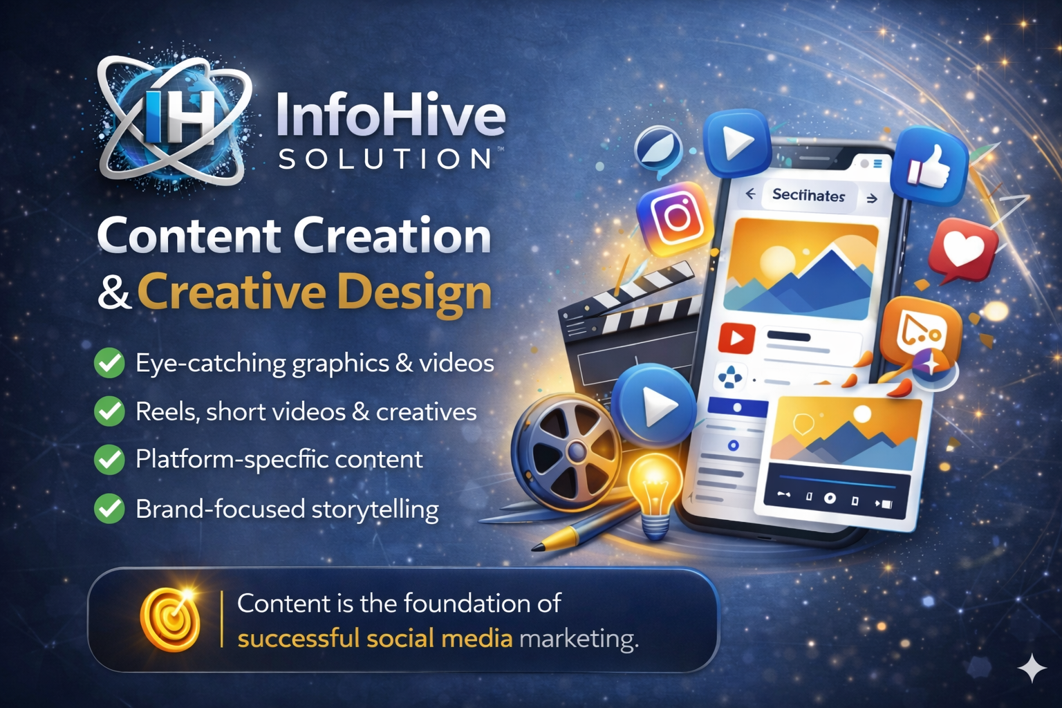 Content creation and creative design illustration showing social media graphics, videos, reels, and branding elements for digital marketing