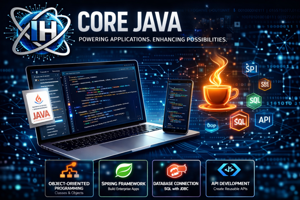core java training banner showing OOP concepts spring framework database connection and API development with coding interface