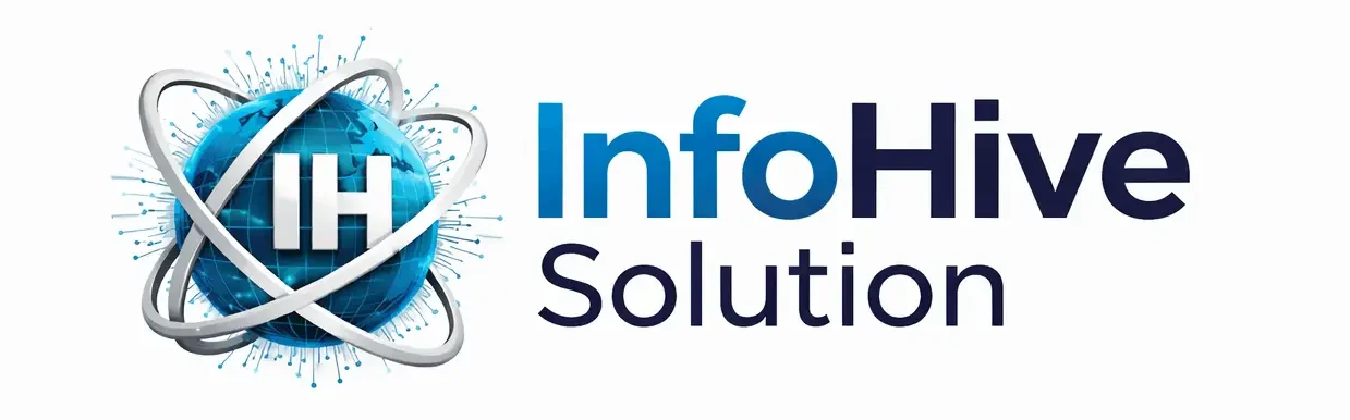 InfoHive Solution wide logo with digital globe and orbit network representing global IT services, software development, and digital transformation