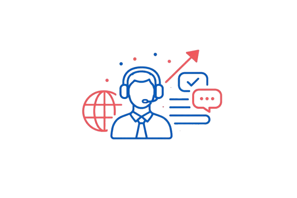 Customer support representative with headset, global communication, and service growth icon