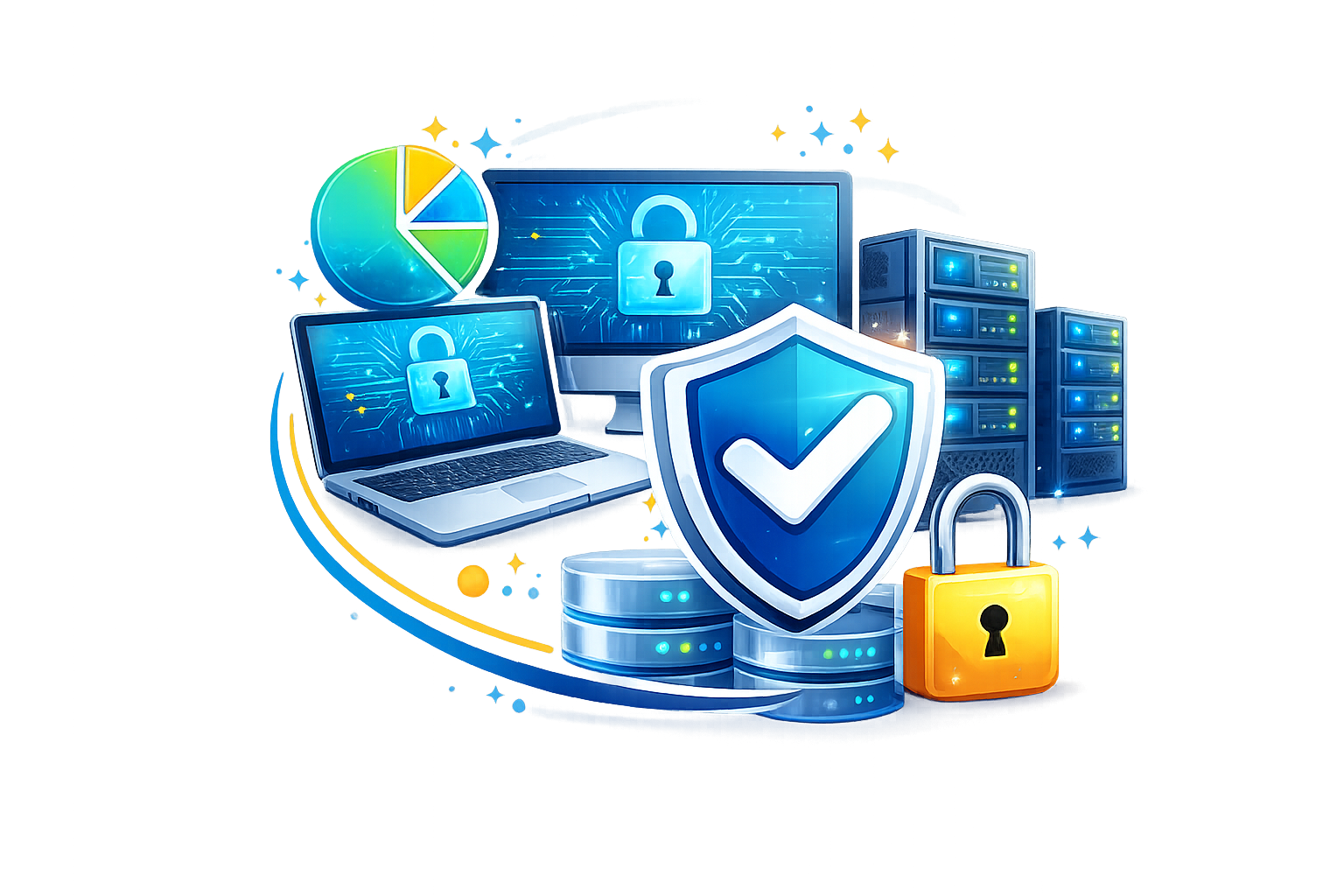 cyber security data protection icon with servers laptop and shield