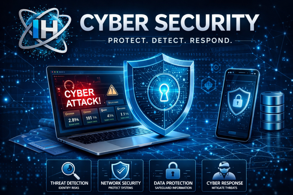 cyber security services banner showing threat detection network security data protection and cyber response with shield protection concept