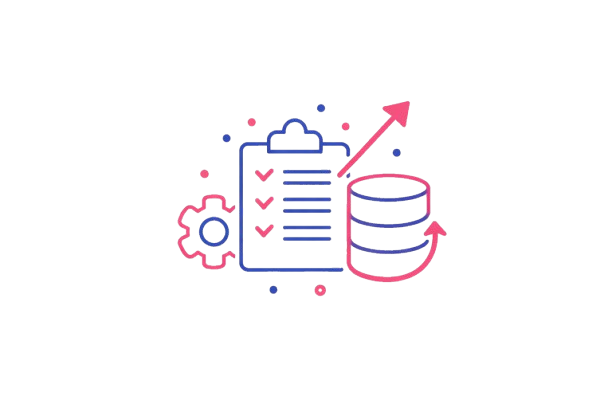 Data management and workflow automation icon with checklist, database, and growth arrow
