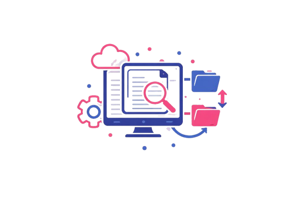 Data processing and document management icon with computer, files, cloud, and search
