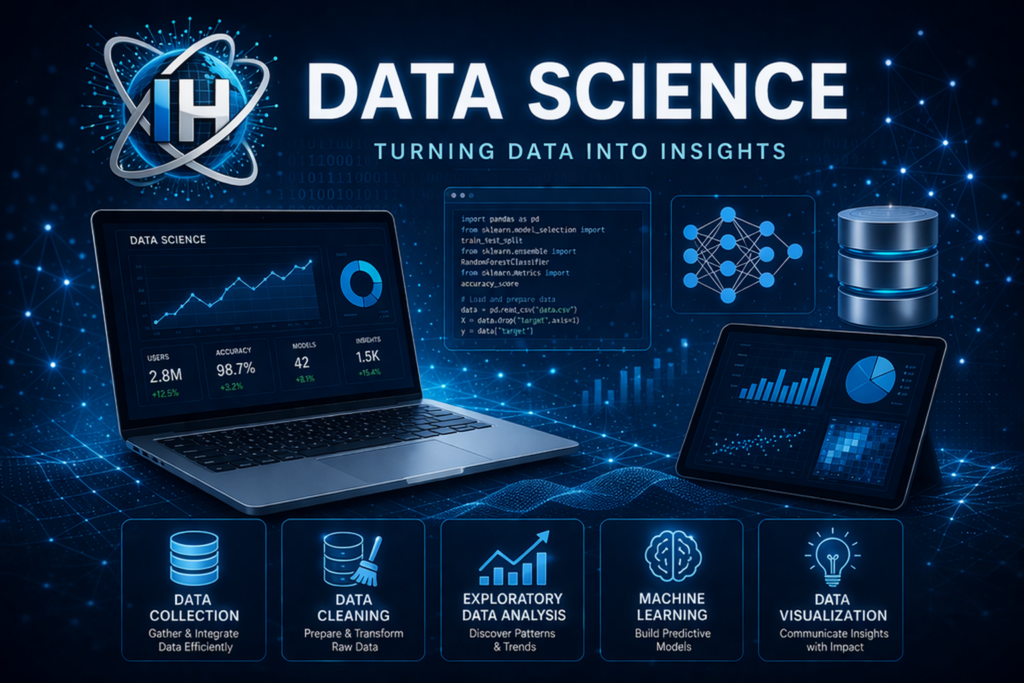 data science services banner showing machine learning data analysis data cleaning and visualization with analytics dashboard by InfoHive Solution