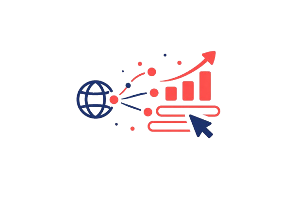 Digital growth and web traffic analytics icon with globe, data flow, and upward graph