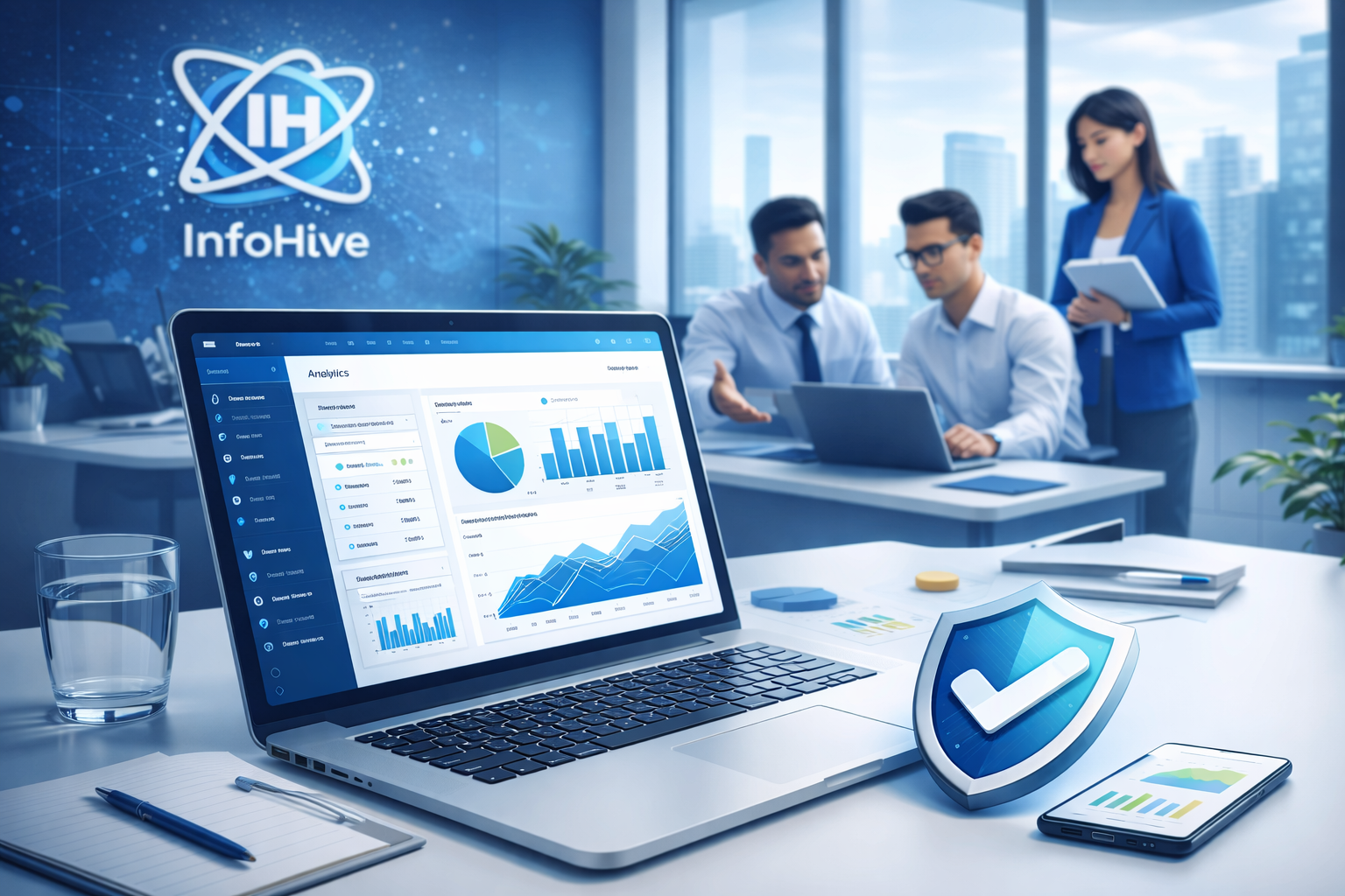 digital marketing analytics dashboard with business team and security shield