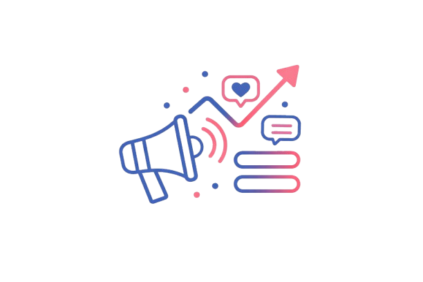 Digital marketing icon with megaphone, social media engagement, and growth arrow