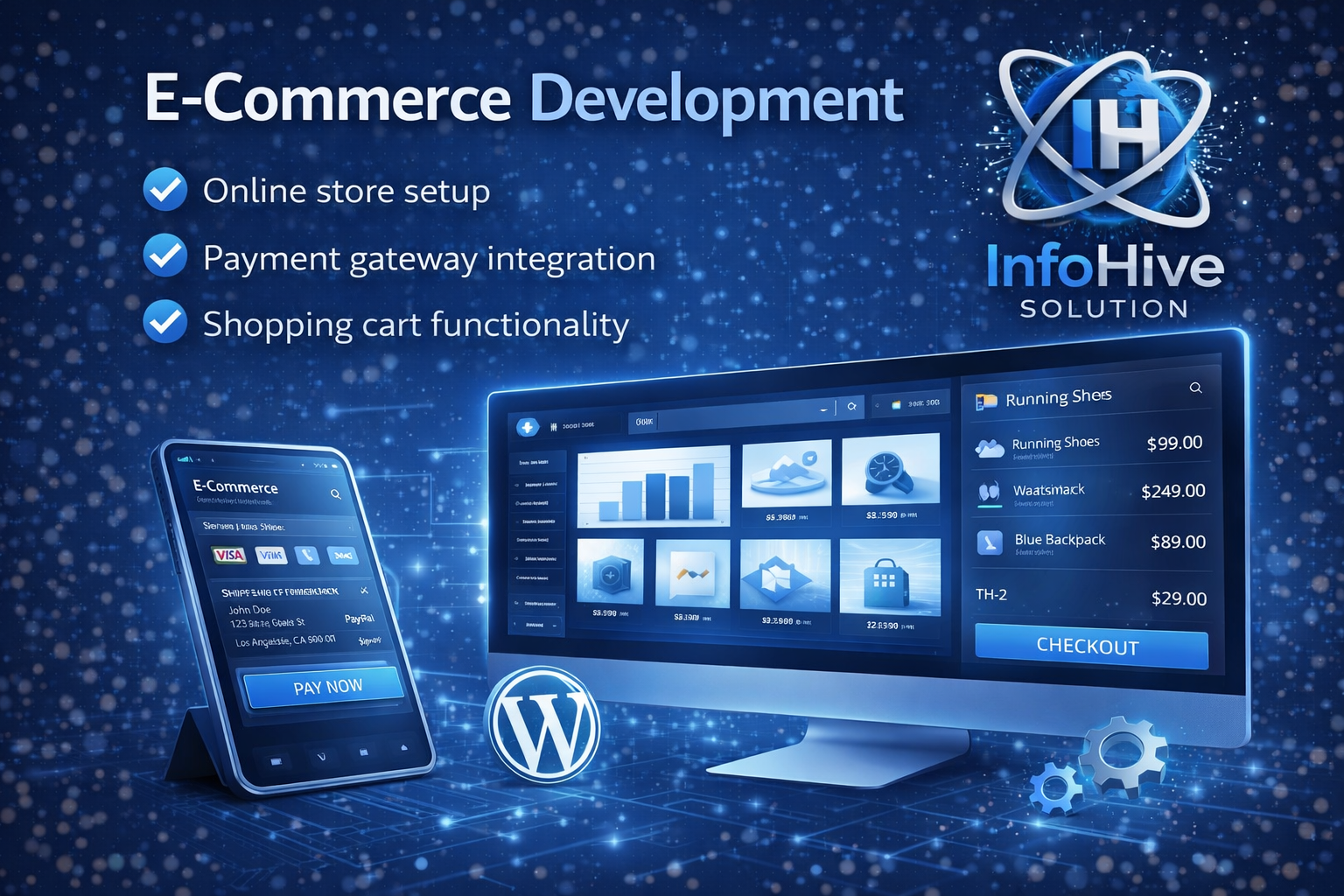 E-commerce website development illustration showing online store, payment gateway integration, and shopping cart functionality on web and mobile