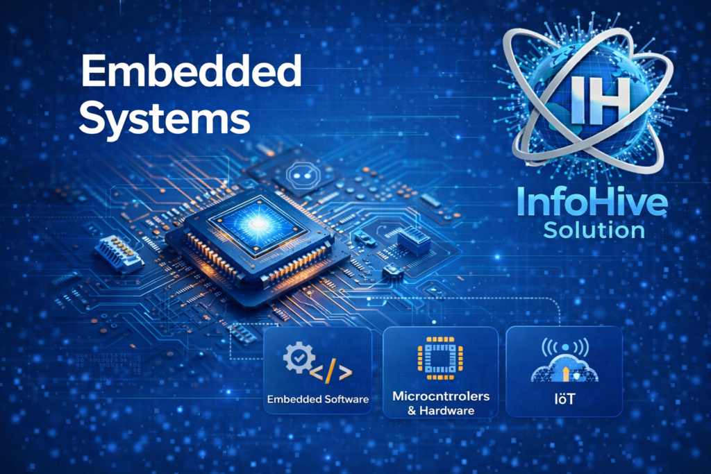 embedded systems banner showing microcontrollers hardware embedded software and IoT technology by InfoHive Solution