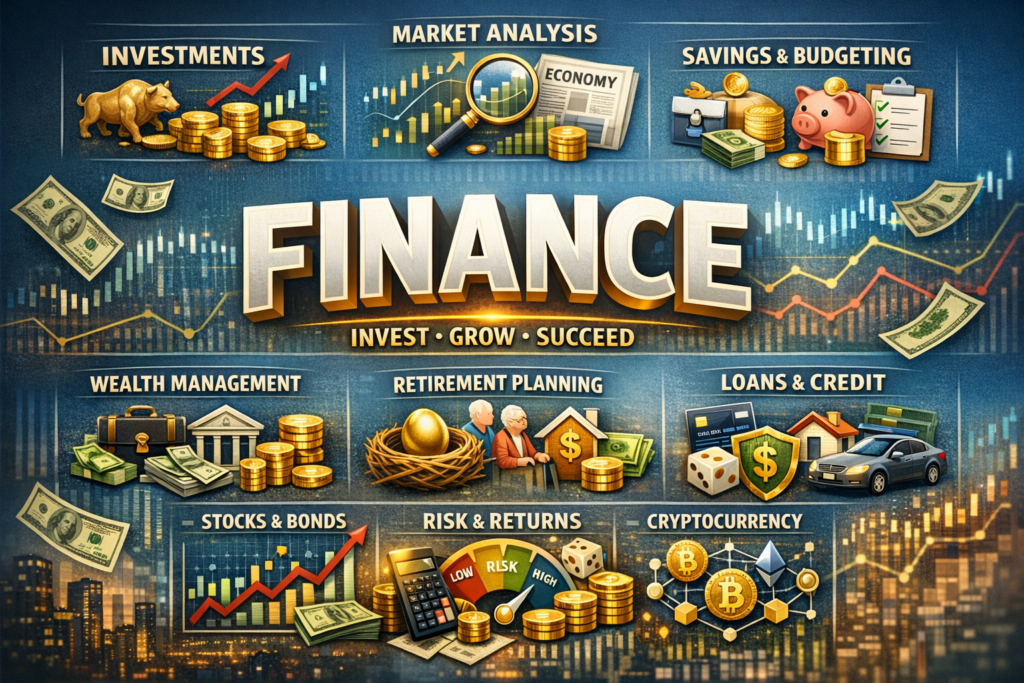 finance banner showing investment market analysis savings wealth management stocks cryptocurrency and risk returns concepts