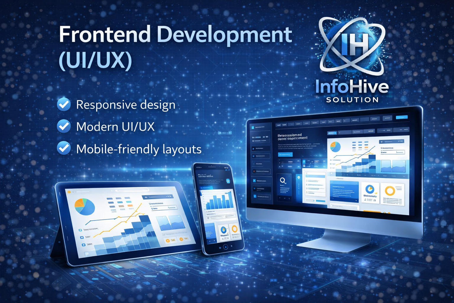 Frontend development UI UX design showing responsive website layouts across desktop, tablet, and mobile devices