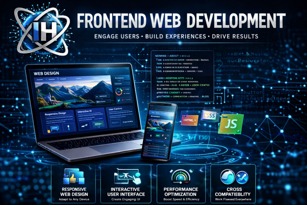 frontend web development banner showing responsive web design interactive UI performance optimization and cross compatibility with HTML CSS JavaScript