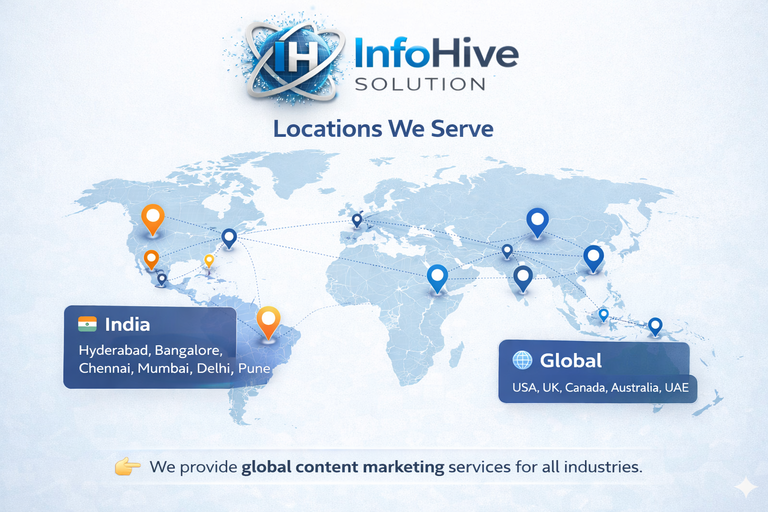 Global content marketing services map showing locations in India, USA, UK, Canada, Australia, and UAE with worldwide digital reach