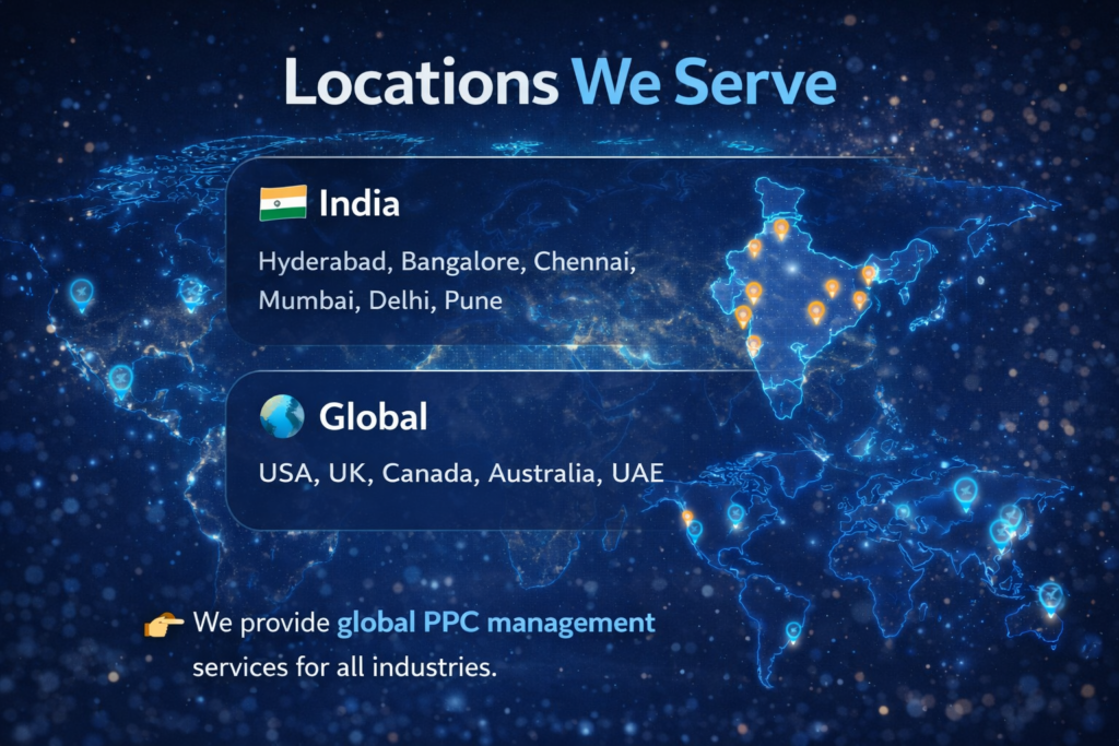 Global PPC management services map showing locations in India, USA, UK, Canada, Australia, and UAE with worldwide advertising reach