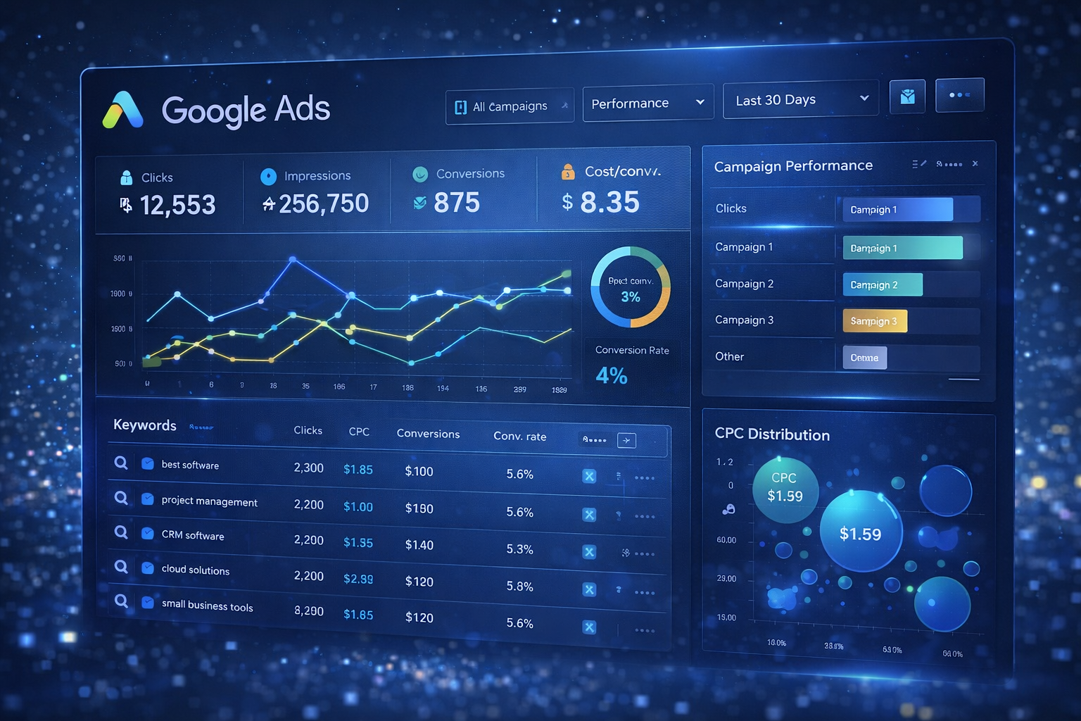 Google Ads dashboard showing PPC campaign performance, clicks, impressions, conversions, CPC metrics, and keyword analytics