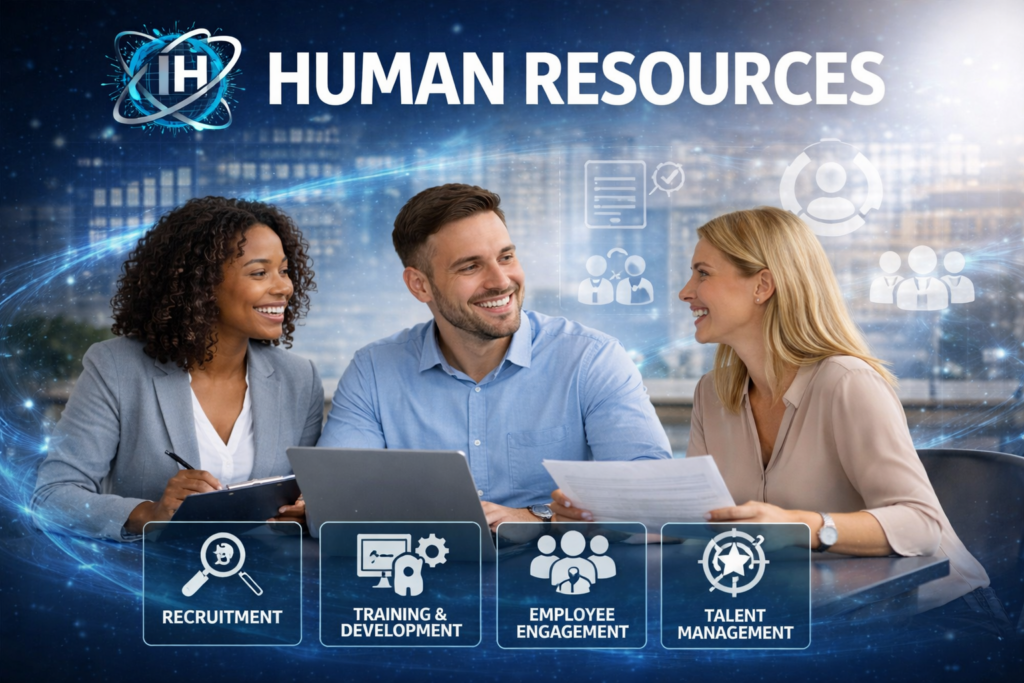 human resources services banner showing recruitment training employee engagement and talent management with professional team discussion