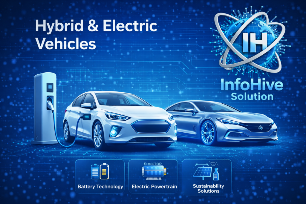 hybrid and electric vehicles banner showing EV car charging battery technology electric powertrain and sustainability by InfoHive Solution