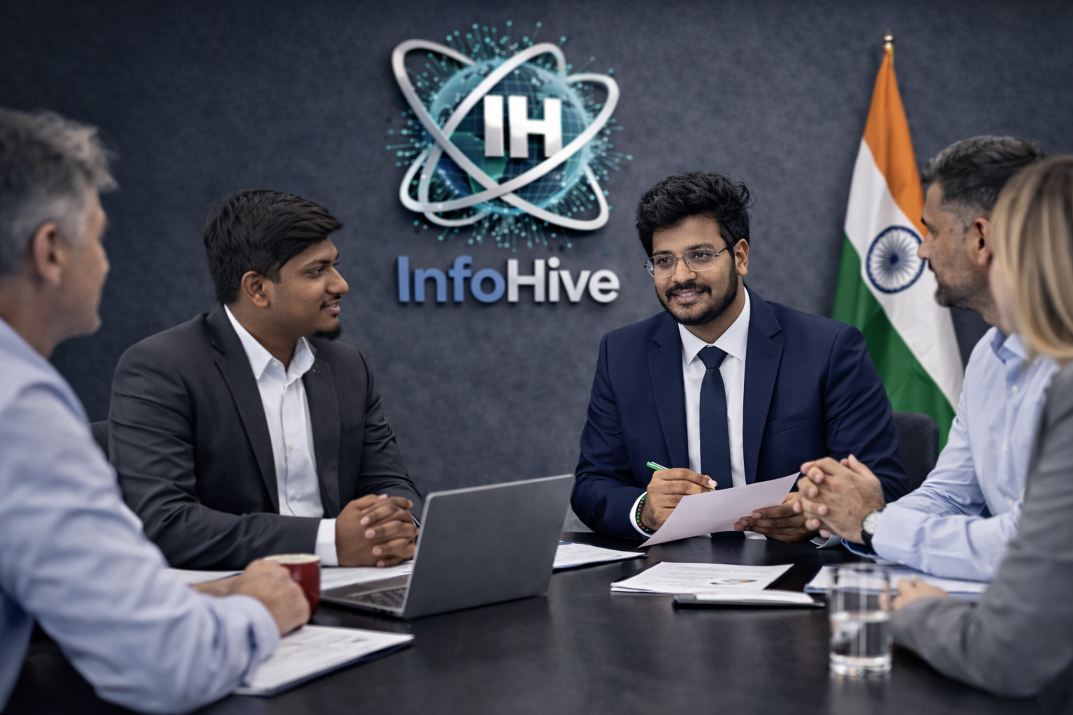 InfoHive team in business meeting discussing IT consulting and project strategy with clients in professional office environment