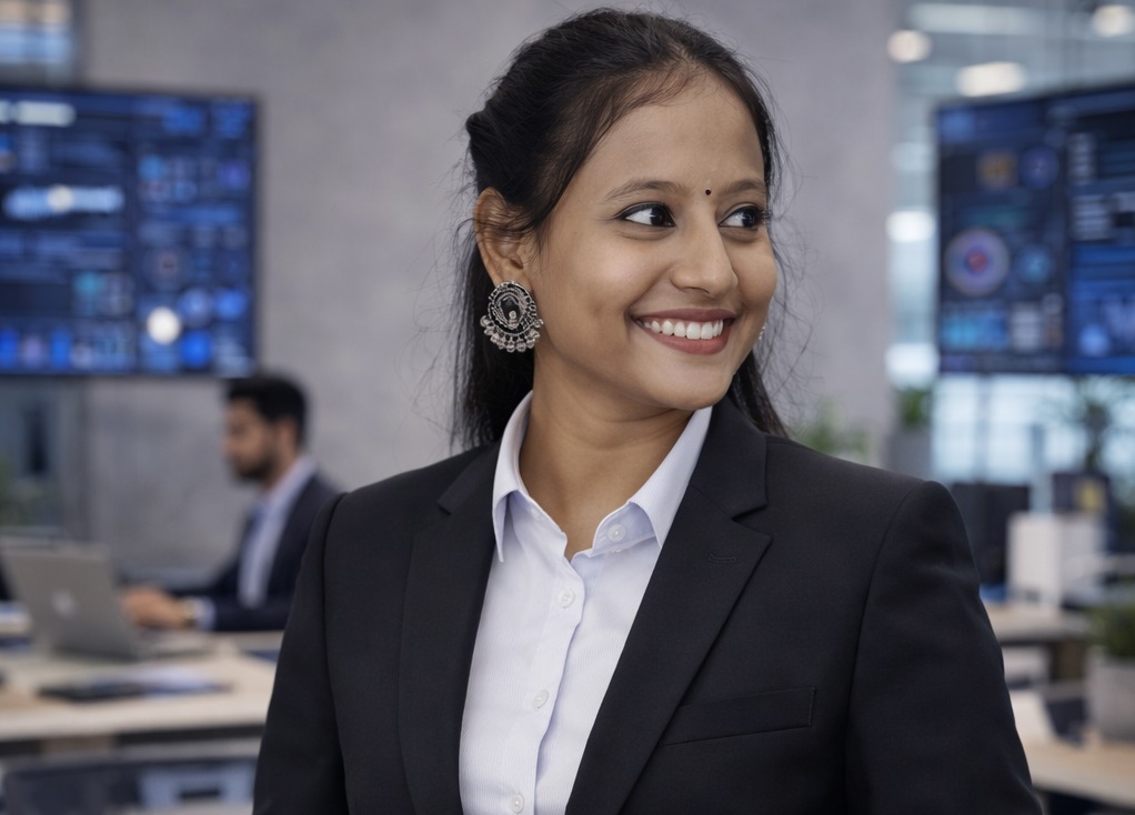 female IT professional in modern office with analytics screens representing software development and digital solutions team