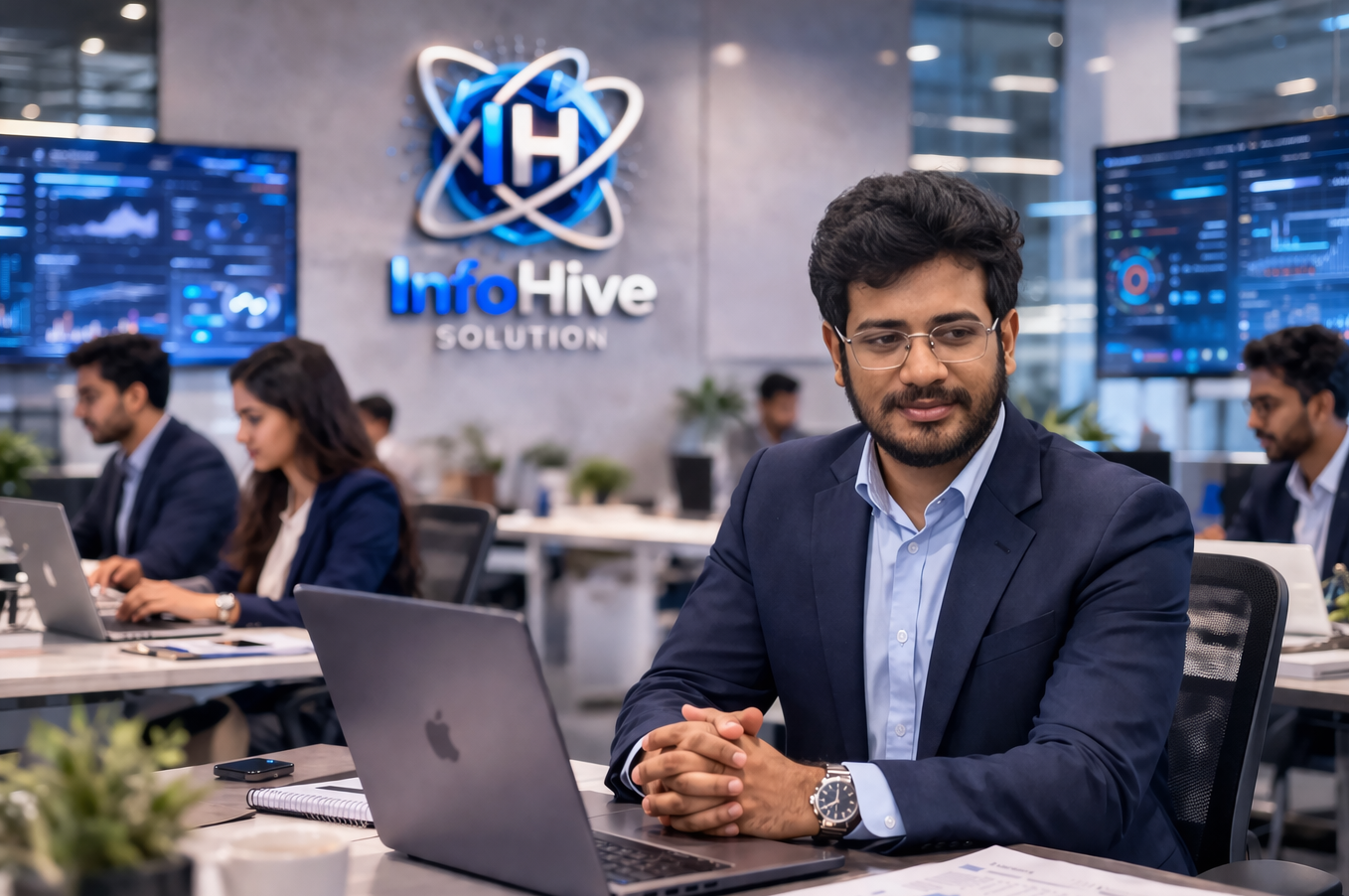 InfoHive IT professional working on laptop in modern office with team and data analytics dashboards in background