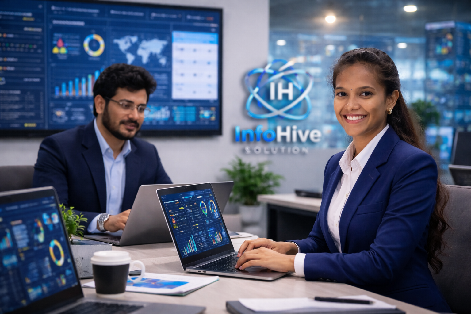 InfoHive IT professionals working on laptops with data analytics dashboards in modern office environment