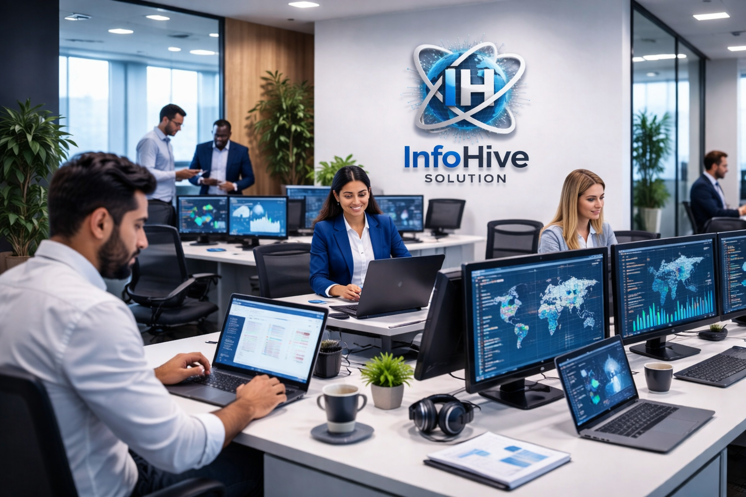 InfoHive IT team working in modern office with multiple screens showing data analytics, software development, and global dashboards