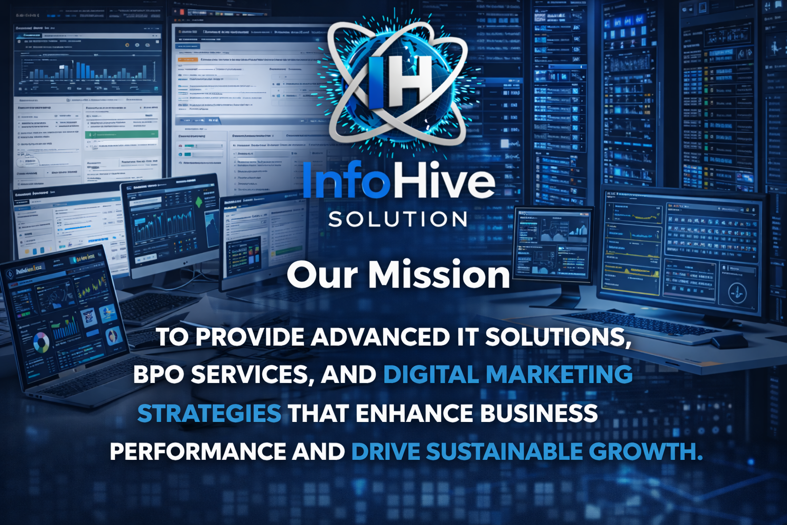 InfoHive Solution mission banner with IT dashboards, data analytics screens, and text about advanced IT solutions, BPO services, and digital marketing strategies
