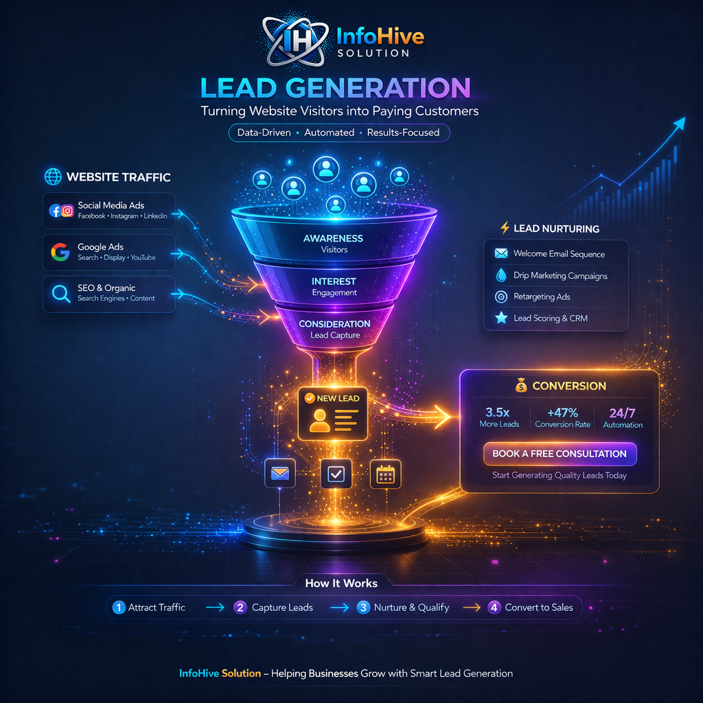 Lead generation funnel illustration showing website traffic, awareness, engagement, lead capture, nurturing, and conversion automation process
