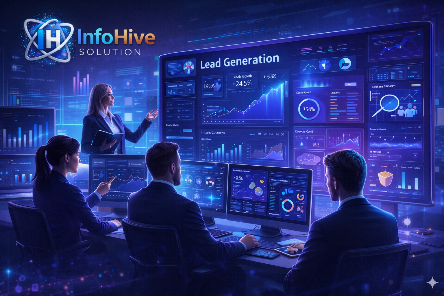 Lead generation strategy dashboard with marketing team analyzing data, growth charts, and performance metrics on digital screens