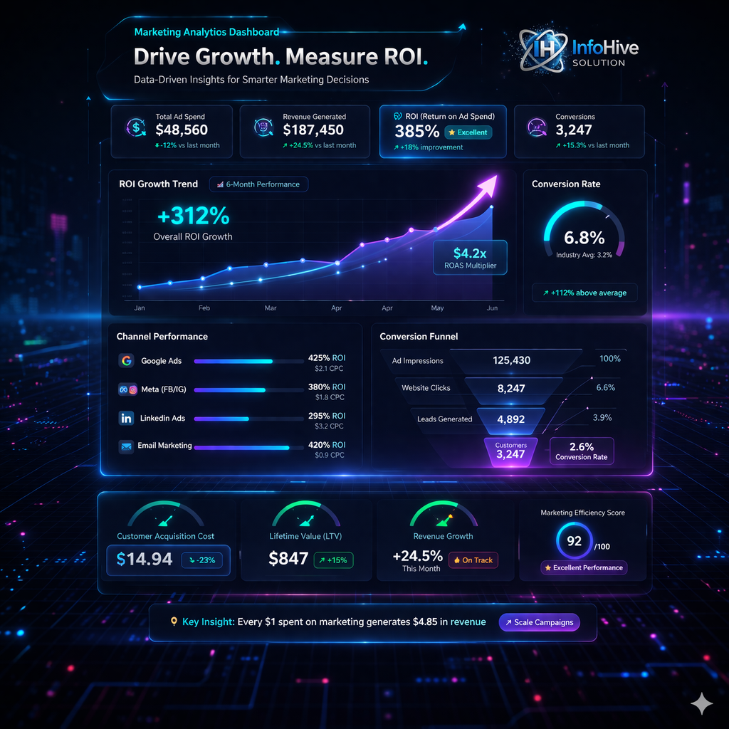 Marketing analytics dashboard showing ROI growth, conversion rates, campaign performance, and data-driven insights for business growth