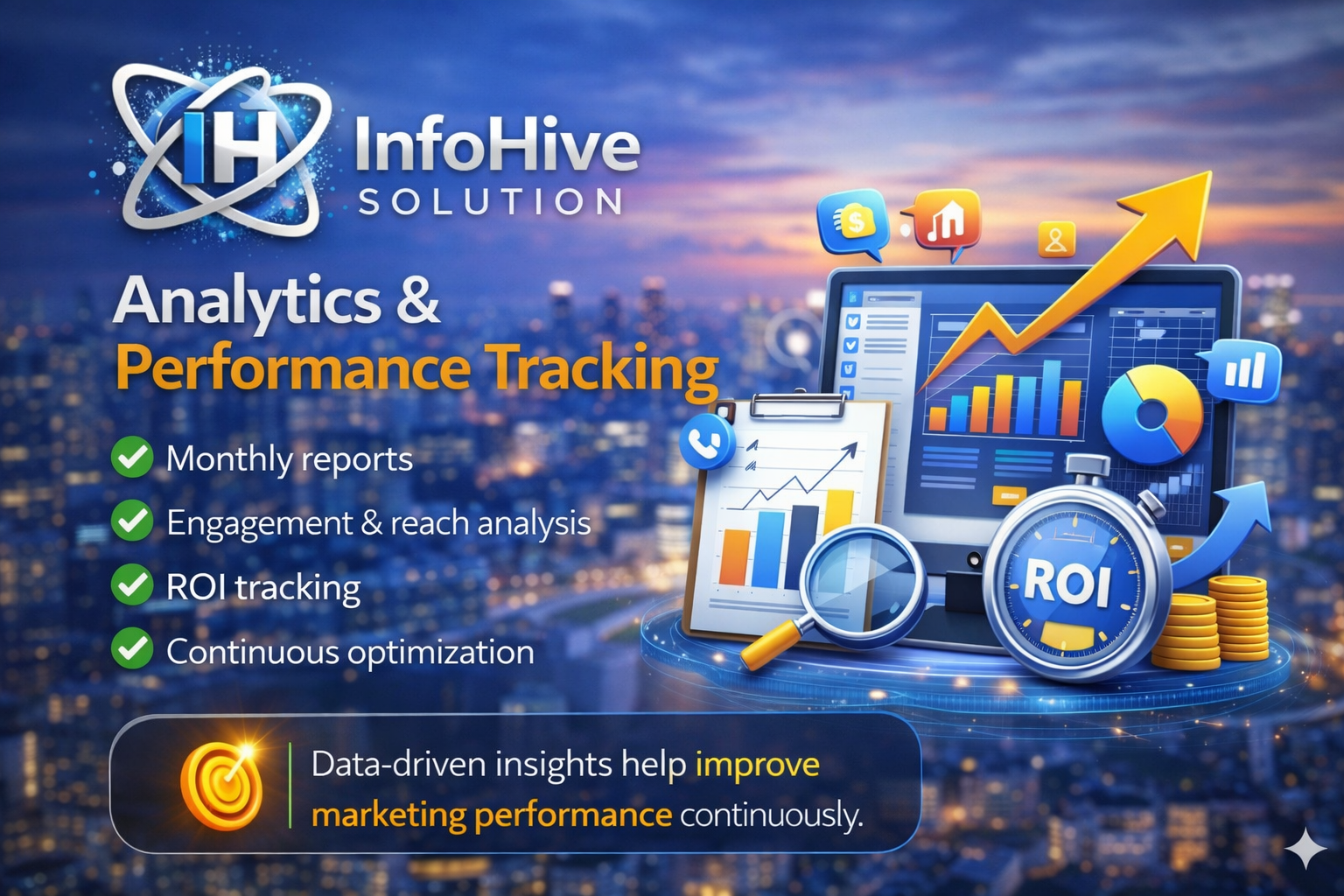Marketing analytics and performance tracking illustration showing ROI dashboard, growth charts, engagement metrics, and data-driven reporting tools