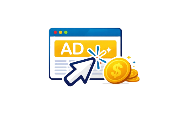 online advertising icon with ad banner, cursor click, and coins representing PPC campaigns and revenue generation
