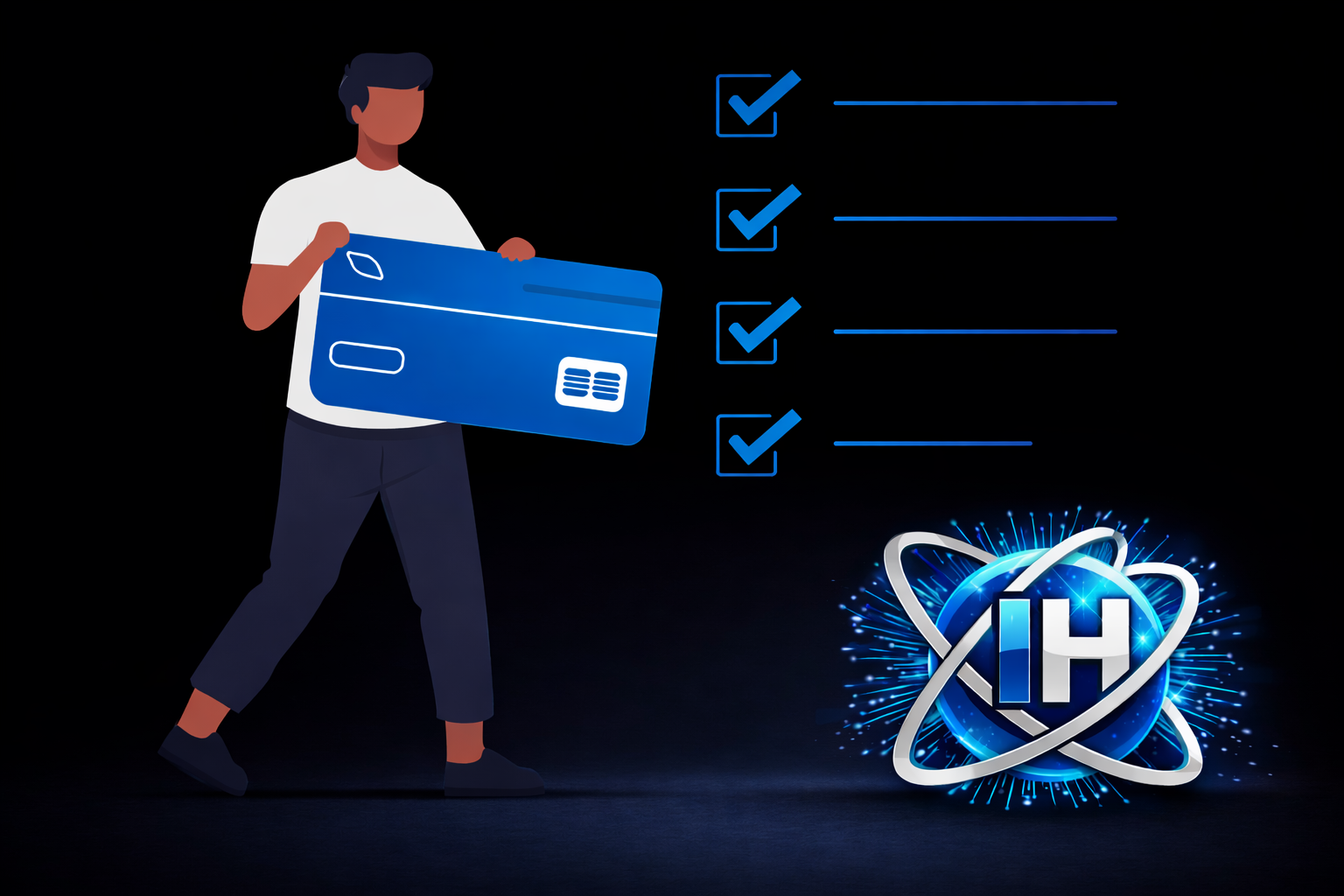 online course payment banner showing person holding credit card with checklist for enrollment and InfoHive Solution branding