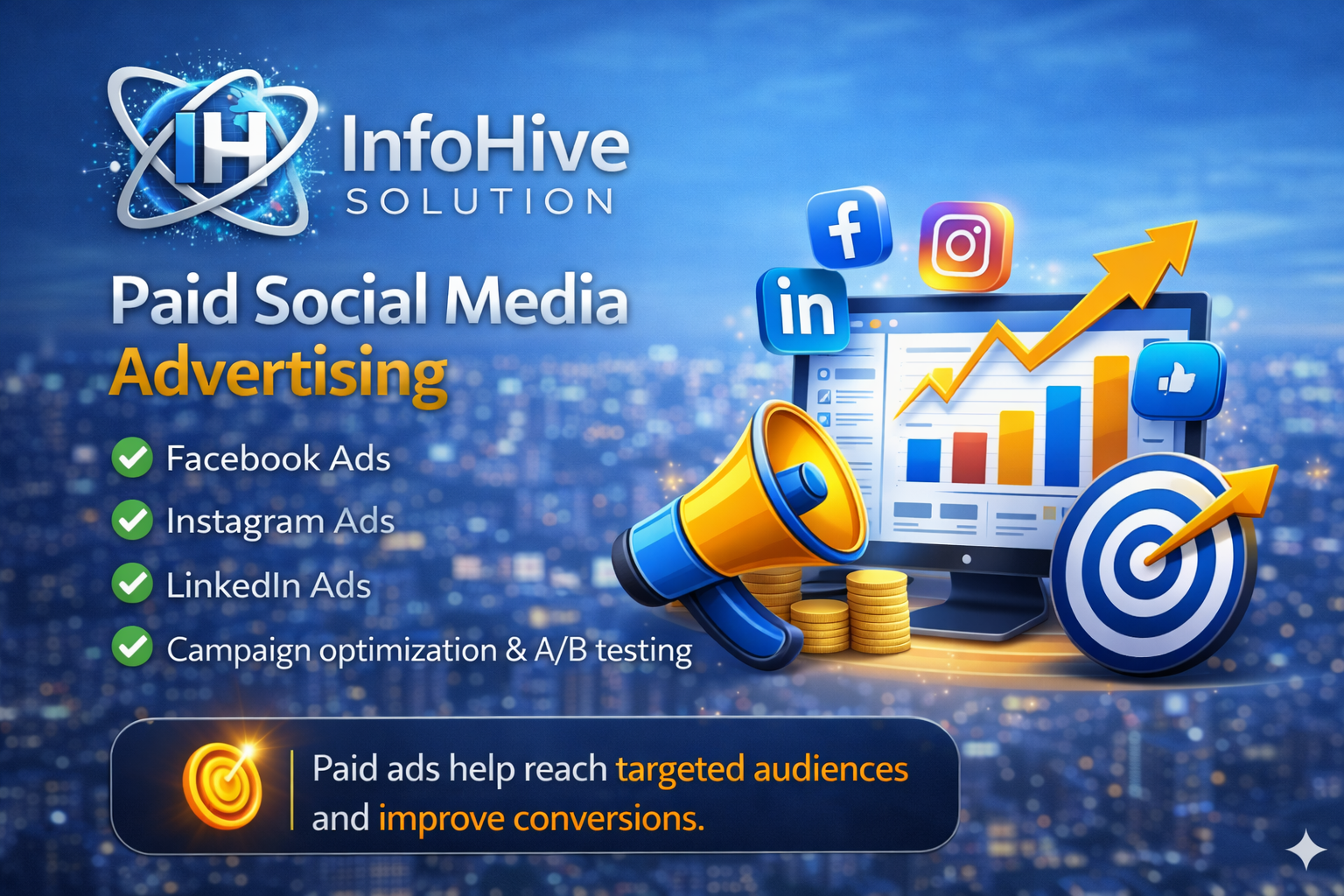Paid social media advertising illustration showing Facebook, Instagram, and LinkedIn ads with analytics dashboard, growth chart, and audience targeting