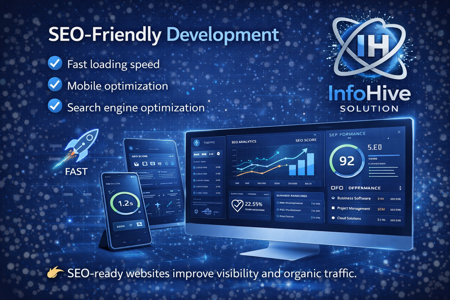 SEO-friendly website development with fast loading speed, mobile optimization, and search engine optimization dashboard