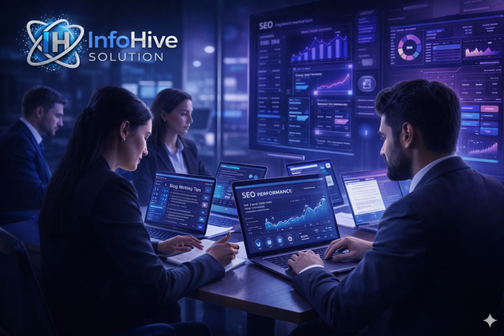 SEO strategy team analyzing digital marketing performance dashboards, keyword data, and analytics reports on multiple screens