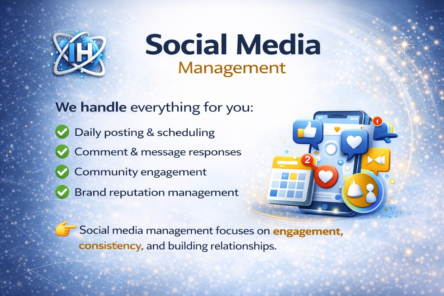 Social media management illustration showing content scheduling, engagement, message responses, and brand reputation management for business growth
