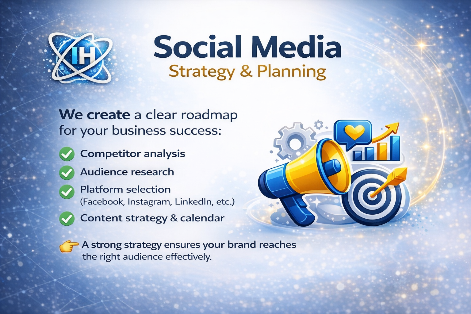 Social media strategy and planning illustration showing competitor analysis, audience research, platform selection, and content calendar for business growth