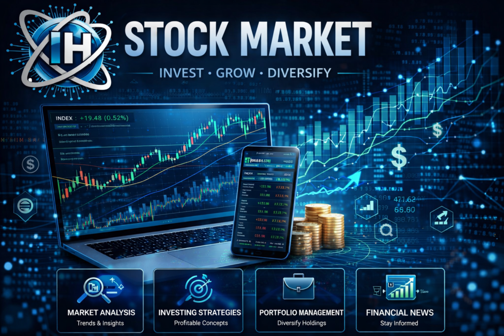 stock market banner showing investment analysis trading charts portfolio management and financial growth with analytics dashboard