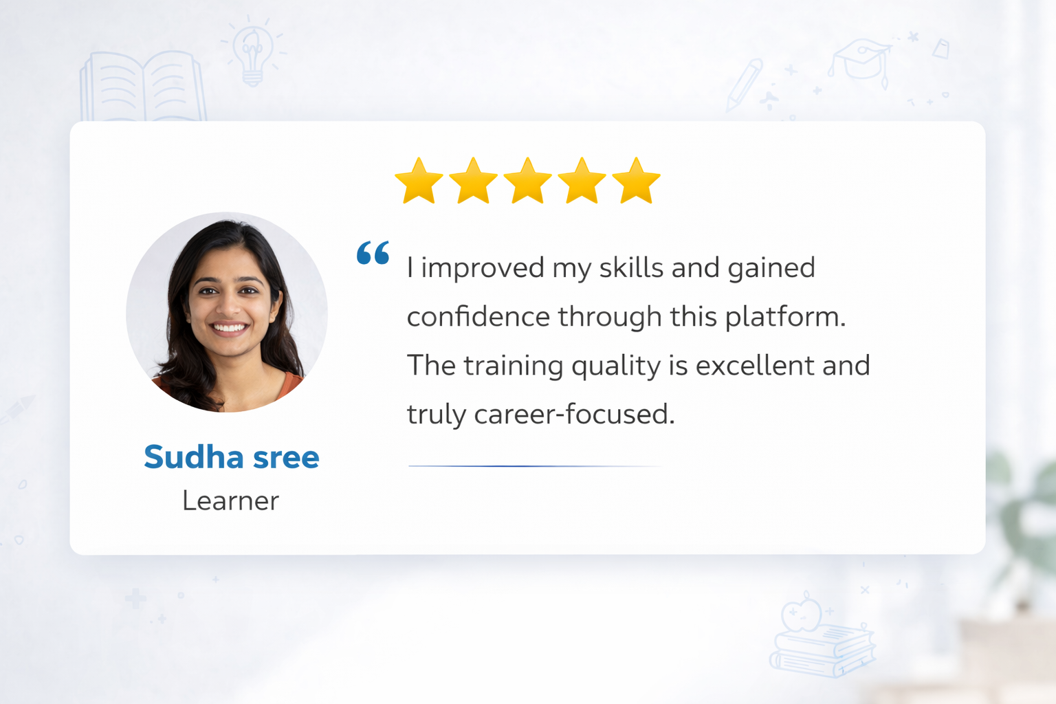 student testimonial review for InfoHive Solution showing positive feedback about practical learning and mentor support