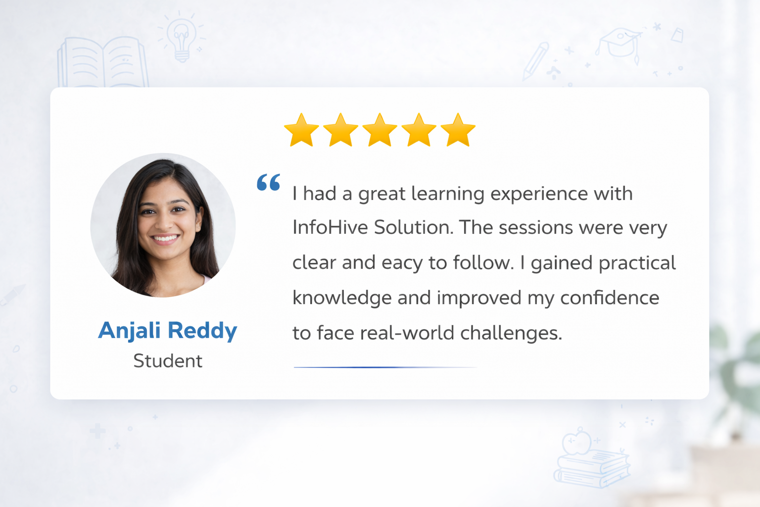 student testimonial review for InfoHive Solution showing positive feedback about practical learning and mentor support